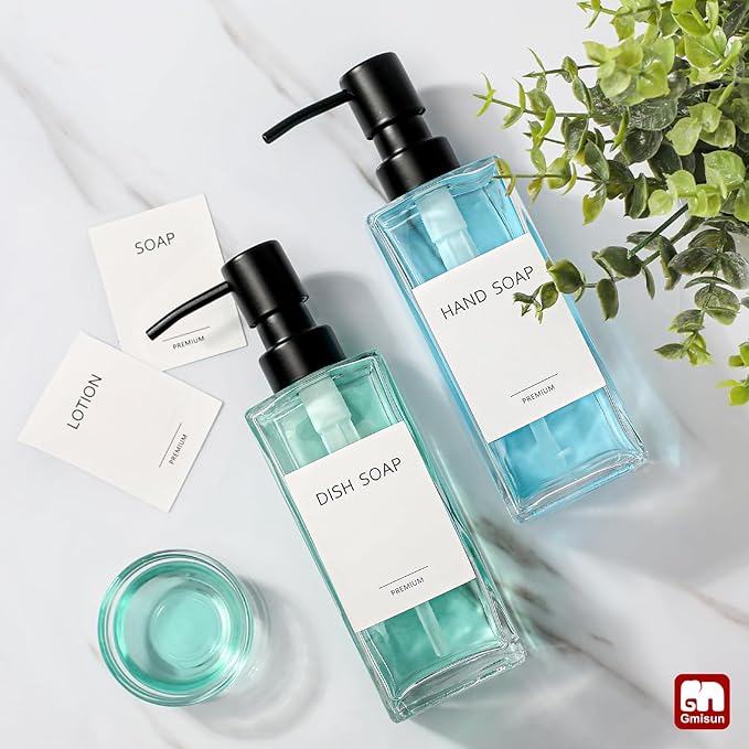 GMISUN Glass Soap Dispenser with Stainless Steel Pump, Clear Hand Soap Dispenser for Bathroom, 12 fl oz/350ml Hand and Dish Soap Dispensers Set for Kitchen, Refillable Liquid Soap and Lotion Bottle