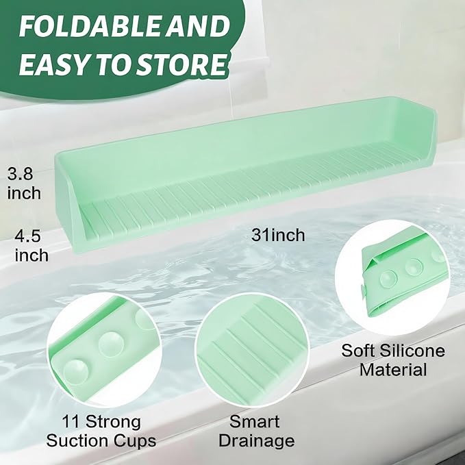 31-Ft Tub Kids Toy Tray Silicone Bathtub Splash Guard with 11 Suction Cups Holder,Soft Silicone Splash Guard for Easy Clean & Fold, Universal for Tub, Bathroom Sink, Kitchen Sink(Green)