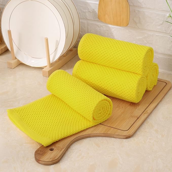 Kitinjoy 100% Cotton Waffle Weave Kitchen Towels, 4-Pack Super Soft and Absorbent Dish Towels for Drying Dishes, Kitchen Hand Towels, 13 in x 28 in, Yellow