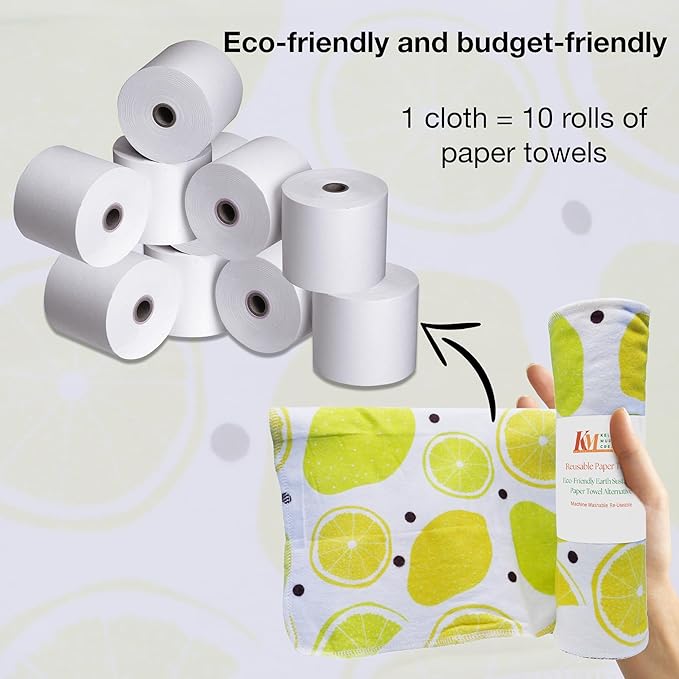 Pack of 10 Reusable Paper Towels | 10x10 Inch Cotton Towels | Kitchen Utensils Print | Eco Friendly, Washable, Quick Drying | Sustainable Cleaning Cloths | Lemons