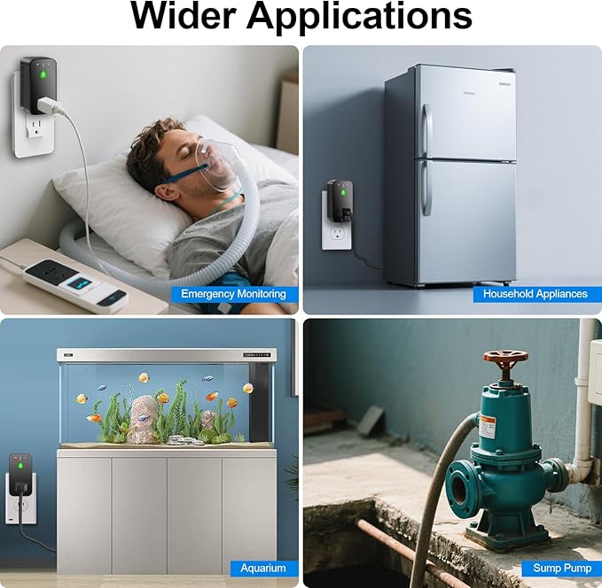 Power Failure Alarm WiFi, 110dB Loud Freezer Smart Power Outage Alarm with LED Indicator, 3 Volume Levels & Voltage Detection, Socket Expansion, App Alerts, for Refrigerator, Sump Pump, Aquarium