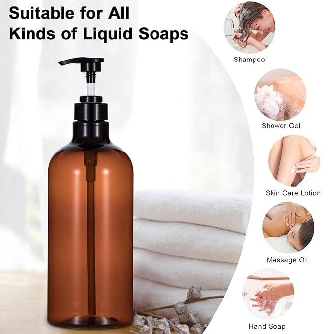 Yebeauty Pump Bottle Dispenser, 33.8oz 1000ml Plastic Shampoo Pump Bottles Shower Soap Dispenser Empty Refillable Containers for Conditioner Body Wash, Bathroom Kitchen, 2 Pack Amber