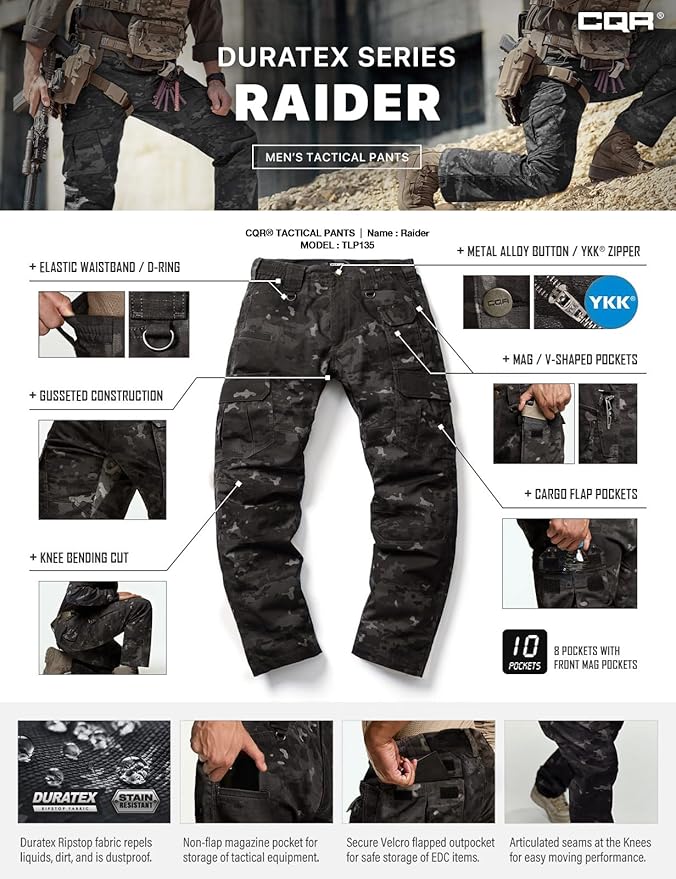 CQR Men's Tactical Pants, Water Resistant Ripstop Cargo Pants, Lightweight EDC Work Hiking Pants, Outdoor Apparel