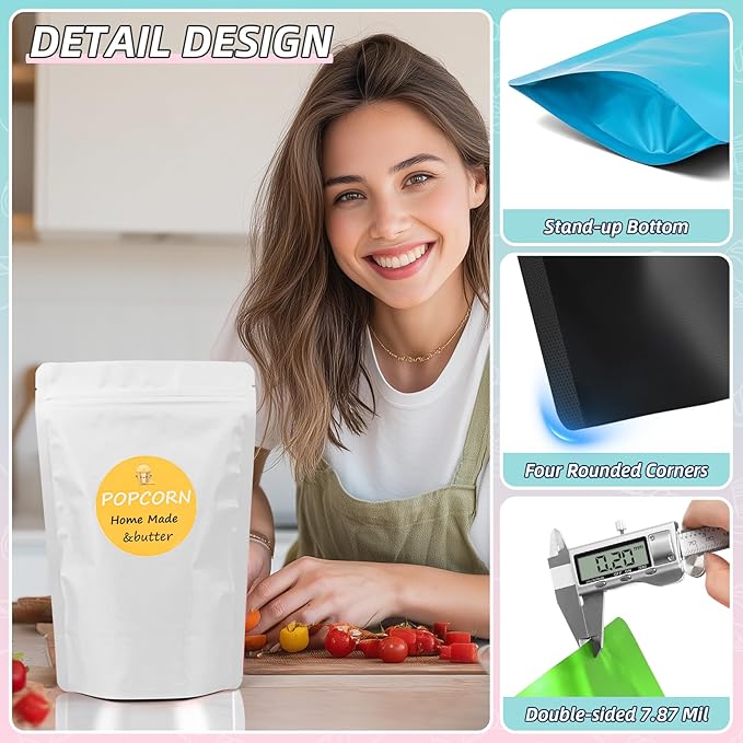 FUNFERY 5.5x7.8 inch Stand Up Mylar Resealable Bags for Food Storage,Smell Proof Foil Pouch,Food Packaging Sealable Bags,Mylar Zipper Bag for Jerky,Candy,Cereal,Coffee, Cards,Black,50 Pack
