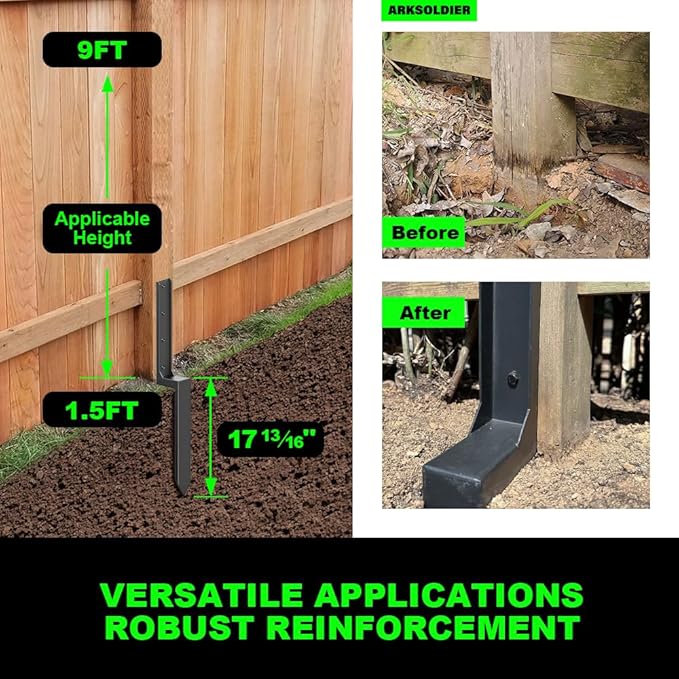 Fence Post Repair Kit - One-Piece Steel Anchors & Stakes to Quick Fix Broken/Leaning 4x4/6x6 Wood Posts Support (Thickened 11-Gauge, 4-Pack)