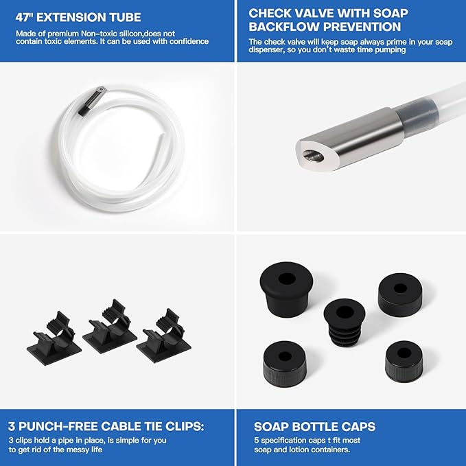 Sink Soap Dispenser Extension Tube Kit with 47" Tube Hose and Check Valve Under Counter Soap Dispenser Tube with Upgraded Metal Check Valve for Kitchen Sink