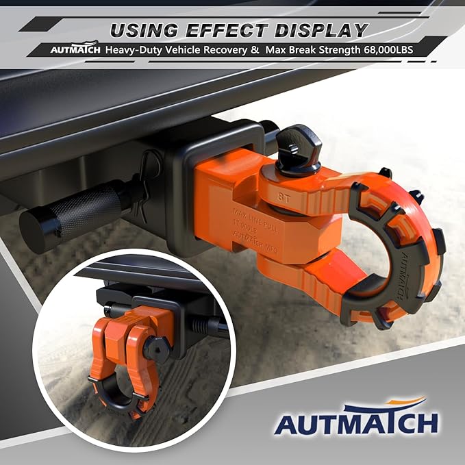AUTMATCH Shackle Hitch Receiver 2" with 3/4" Mega D Ring Shackle and 5/8" Trailer Hitch Lock Pin, 68,000 Lbs Break Strength Heavy Duty Receiver Towing Kit for Off-Road Vehicle Recovery, Orange