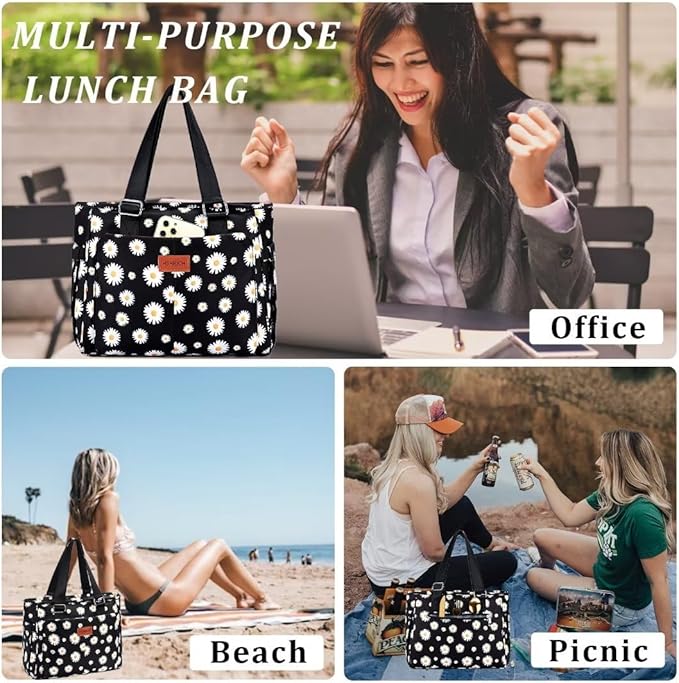 Large Floral Insulated Handbag for Women Work, 12L Leakproof Lunch Cooler Tote with Storage Pocket, Reusable for Picnic Hiking