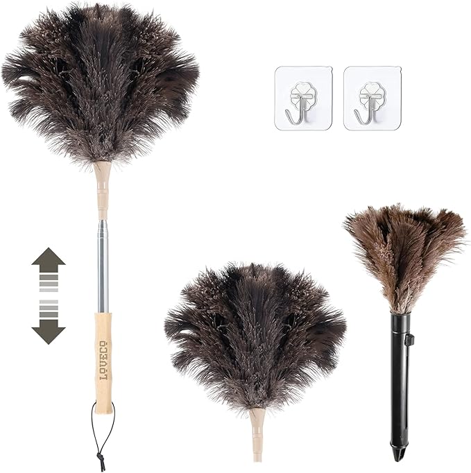 Ostrich Feather Dusters for Cleaning Kit - Reusable Soft Feather Duster Extendable to 49 inches for Cleaning Ceiling Fan, High Ceiling, Blinds & Retractable Small Duster for Keyboard, Brick Toy, Car