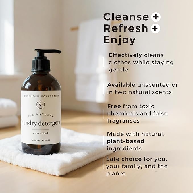 Rowe Casa Organics Unscented Laundry Detergent Liquid – Fragrance-Free Liquid Washing Detergent to Add Your Favorite Essential Oil Scents – 16 oz Pump Bottle