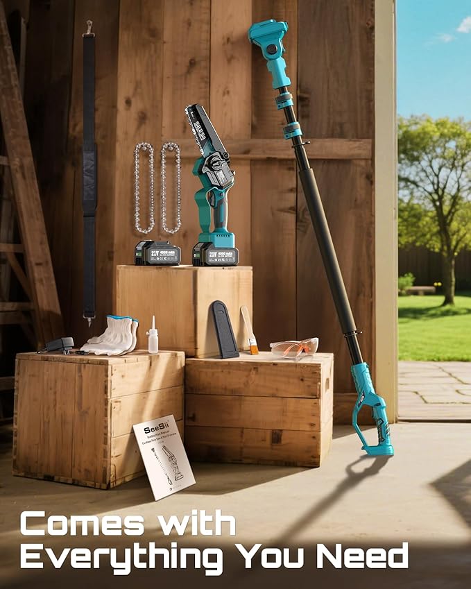 SEESII 2-in-1 Cordless Pole Saws for Tree Trimming, 6 Inch Mini Electric Chainsaw with 2 x 4000mAh Batteries, Battery Powered Chain Saw with Extension Pole, Tree Trimmer Limb Branch Cutter Pruner