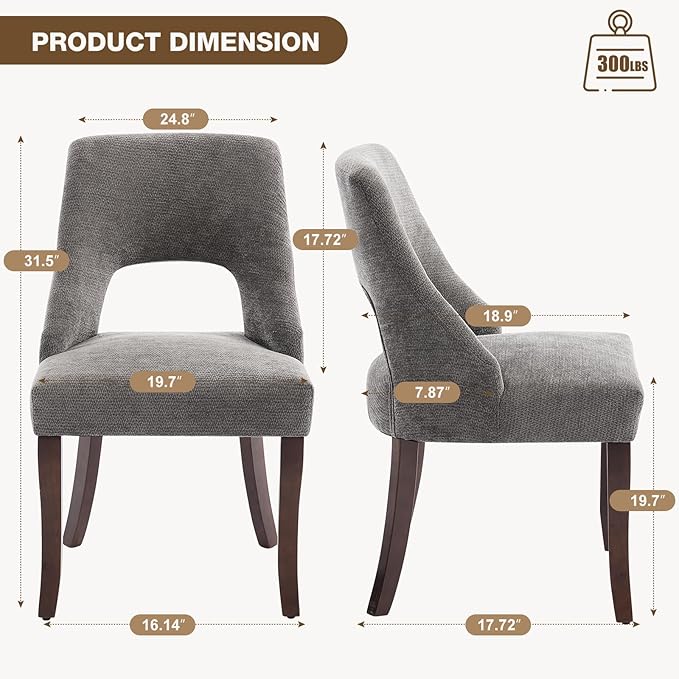 UVV Wooden Dining Chairs Set of 4, Mid Century Modern Upholstered Dining Room Chair Kitchen Chairs, Chenille Dinner Chair with Solid Wood Legs for Kitchen Dining Room, Dark Grey-Chenille