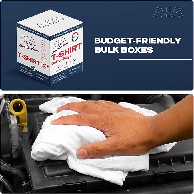 Angel-in-Armor White T-Shirt Rags – 50lb Bulk Box of Recycled Cotton Knit Shop Rags (650 Units) – Low Lint Cleaning Cloths for Mechanics, Oil Changes, Industrial and Commercial Use