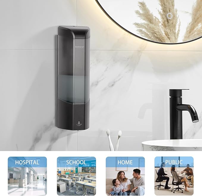 Automatic Soap Dispenser, Wall Mounted Liquid Soap Dispenser 24.6oz/700ml with Infrared Sensor, Touchless Battery Operated Hand Soap Dispenser with 3 Adjustable Soap Levels for Bathroom (Black)