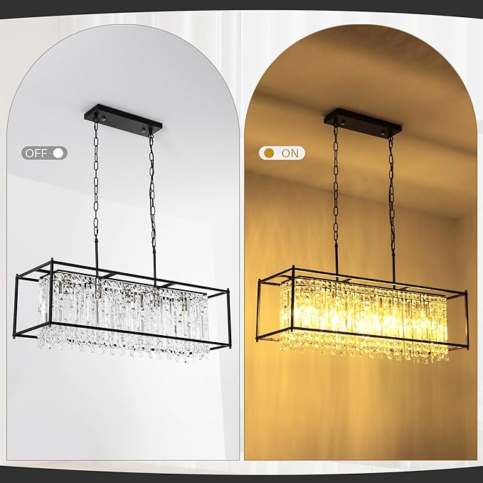 Modern Black Crystal Chandeliers For Dining Room, 36" Large Rectangle Water Ripple Glass Pendant Elegant Linear Lighting for Kitchen Island Dining Room LivingRoom Flat Inclined Ceiling,L36 x W11 x H19