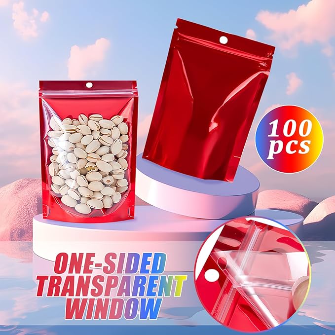 100PCS Mylar Bags for Food Storage,Resealable Bags for Small Business with Clear Windonw,5.9x8.7 inch Smell Proof Bags Stand Up Zip Lock Pouches Aluminum Foil Sealable Bags for Packaging Cookie,Snack