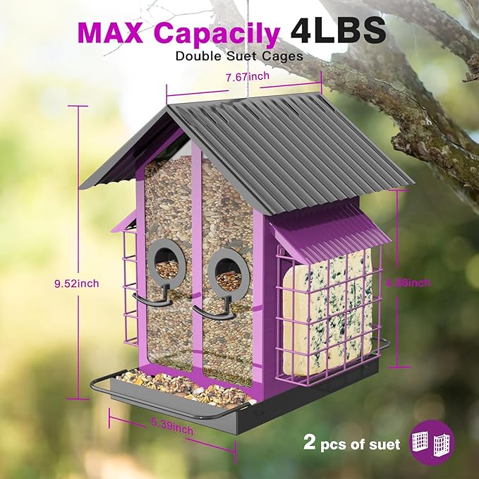Bird Feeders for Outdoors, Metal Bird Feeder with Double Suet Cage Weatherproof Metal Roof, 2 in 1 Mixed Seeds Suet Feeder, 4Lbs Large Capacity, Great for Finch、Cardinal、Chickadee(Purple)
