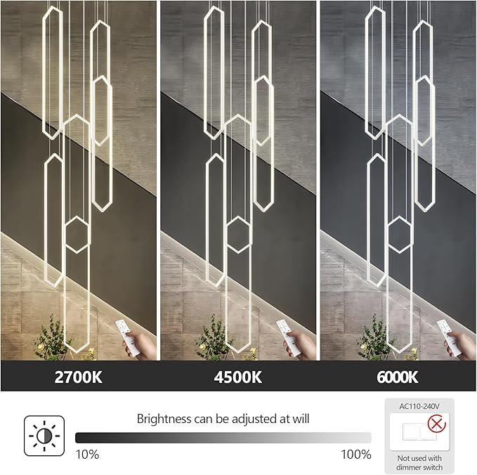 Modern Adjustable Height Chandelier White 4000K LED Pendant Lights 6 Rings Rectangular Celling Light Staircase Large Chandelier for High Ceilings Foyer Entryway