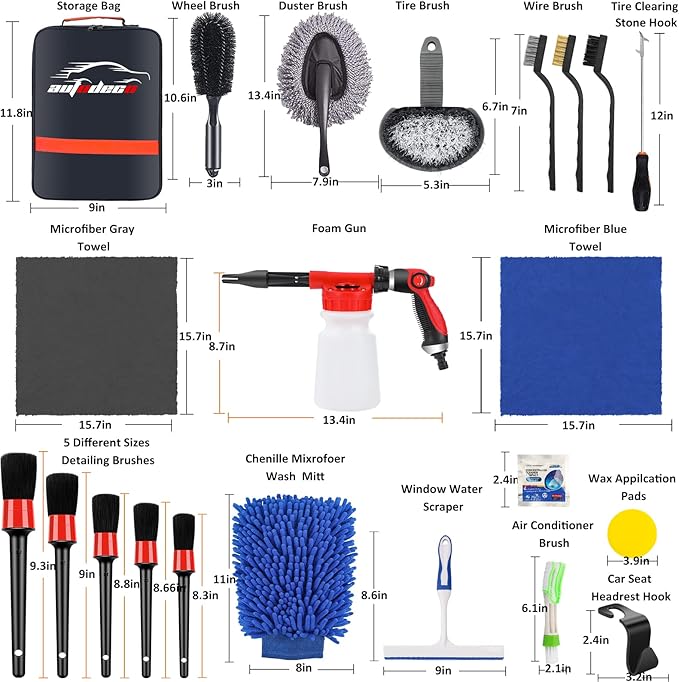 AUTODECO 33Pcs Car Wash Detailing Kit Cleaning Kits with Foam Gun Sprayer Brush Large Wash Mitt Towels Complete Interior Exterior Car Washing Supply Set Blue