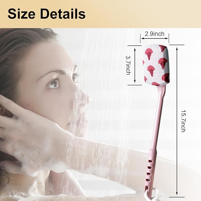 Long Handle Curved Non-Slip Bath Body Brush, Gentle Exfoliation, No Harm to Skin, Suitable for All Kinds of Skin(Ginkgo Pink)