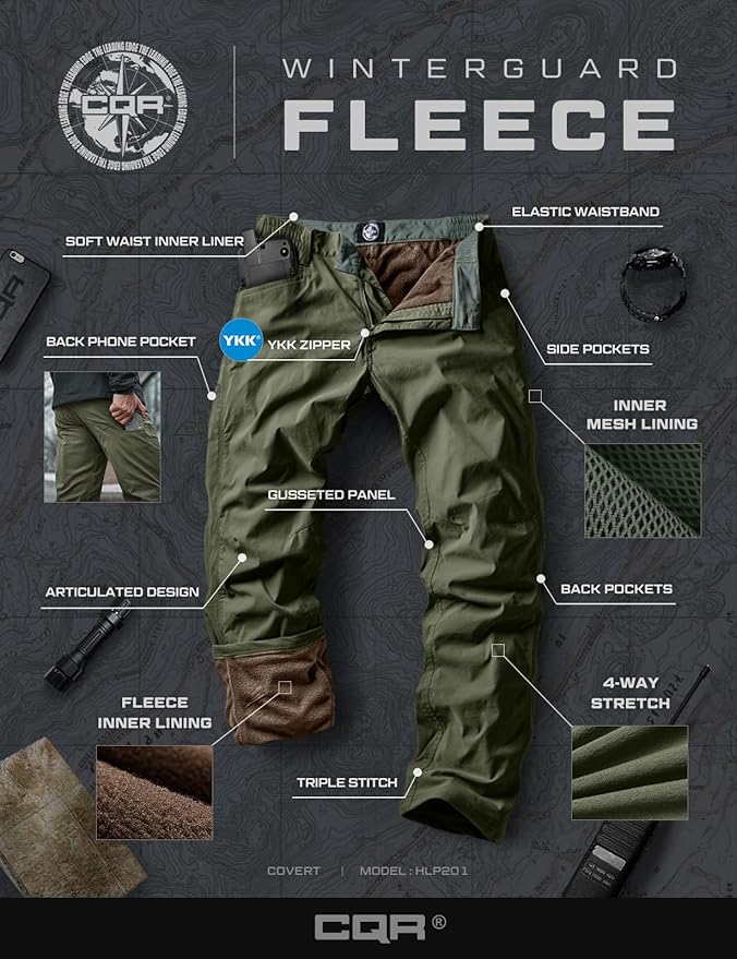 CQR Men's Winter Fleece Lined Pants, Water-Resistant Outdoor Stretch Work Pants, Windproof Casual Pants with Pockets
