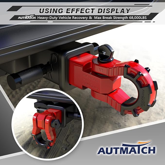 AUTMATCH Shackle Hitch Receiver 2" with 3/4" Mega D Ring Shackle and 5/8" Trailer Hitch Lock Pin, 68,000 Lbs Break Strength Heavy Duty Receiver Towing Kit for Off-Road Vehicle Recovery, Red