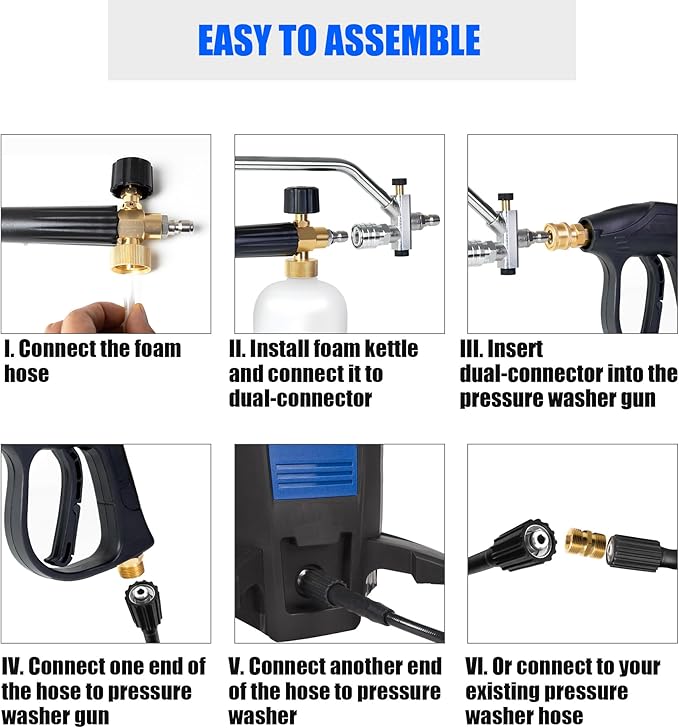 Pressure Washer Gun and Foam Cannon with Dual Connector Accessories for Pressure Washer, Attachment Include 5 Spray Nozzle Tips, Pressure Washer Hose and M22-14 Male to Male Fittings