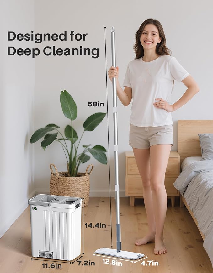 Mop and Bucket Set with AUTO Pump, 3-Zone Separate Dirty and Clean Water, Flat Mop and Bucket System with Wringer and Wheels, 4 Reusable Microfiber Pads, One-Touch Water Filling for Home Cleaning