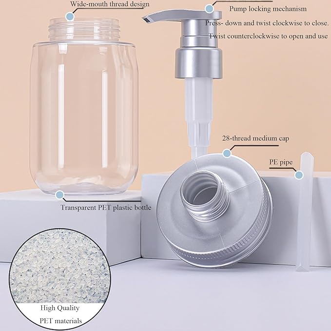 Qeuly 16oz Soap Dispenser, 2 Pack Plastic Pump Bottle Dispenser, Refillable Wide Mouth Jar Style Bathroom/Kitchen Containers for Shampoo, Conditioner, Body Wash, Lotion, Hand Soap & Dish Soap