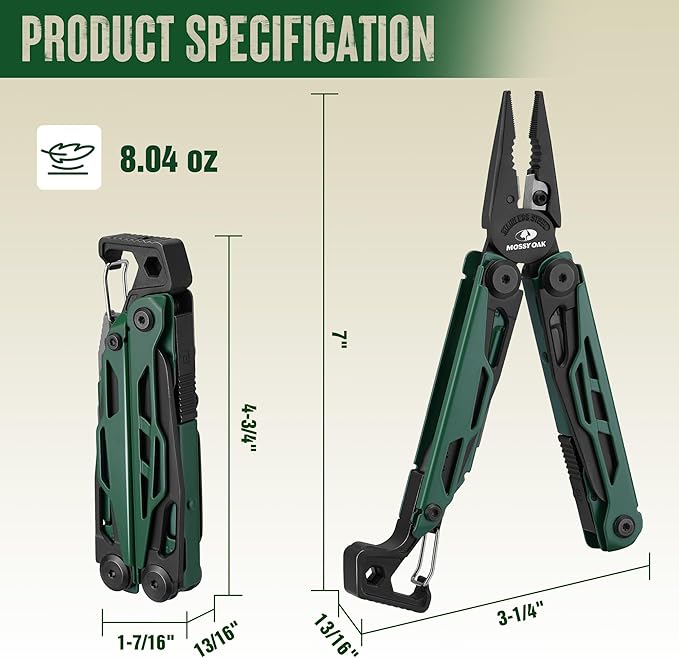 MOSSY OAK CNC-Machined Multitool Pliers, 27-in-1 Multi Tool with Pocket Knife, Fire Starter & Whistle, Bottle Opener, Screwdriver – Self-Locking Survival Tool for Camping & Hiking