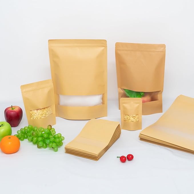 50PCS 5.5"X8" Kraft Paper Bags with Window,Resealable Small Stand Up Pouches for Food Storage,Reusable Zipper Lock Packaging Bags for Small Business&Personal,Candy,Cookie,Snacks,Tea,Coffee
