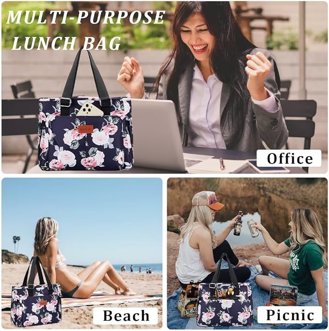 Large Peony Women's Lunch Bag, Insulated Aluminum Lunch Box with Side Pockets, Adjustable Carrying Options, Reusable and Easy to Clean
