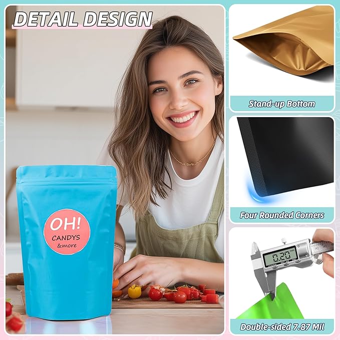 FUNFERY 3.5x5.1 inch Stand Up Mylar Resealable Bags for Food Storage,Smell Proof Foil Pouch,Food Packaging Sealable Bags,Mylar Zipper Bag for Jerky,Candy,Cereal,Coffee, Cards,Black,50 Pack