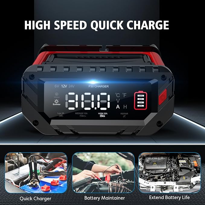 30 AMP Car Battery Charger, 6V/12V/24V Lead-Acid, Lithium, LiFePo4 Smart Battery Charger, Large Screen Trickle Charger, Fully Automatic Chargers and Maintainer for Car, Motorcycle, Lawn Mower