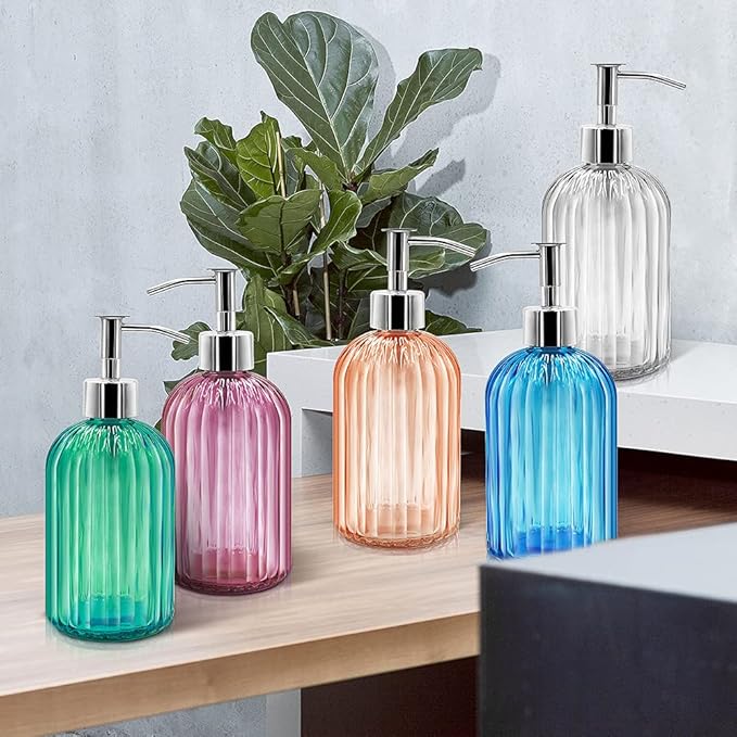 Pack of 2 Glass Soap Dispenser With Pump, 400 ml for Washing Up Liquid, Shampoo and Lotion, Refillable for Kitchen, Bathroom, Laundry Room (Green)