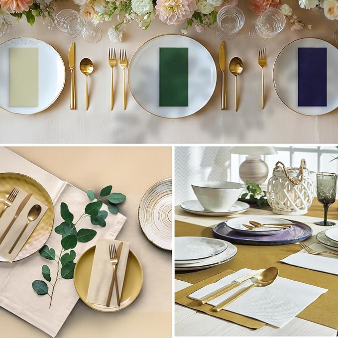 PAW - 50-Pack Disposable Dark Green Linen-Feel Guest Towels 8" x 4" Folded, European Quality Hand Towels, Elegant Dinner Napkins for Special Occasions - Wedding, Birthday, Holiday, Bridal Shower
