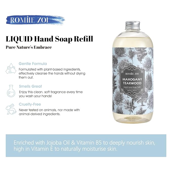 ROMIIE ZOI Liquid Hand Soap Refill, Teakwood, Gentle & Moisturizing Formula, 750 ML/ 26 FL OZ