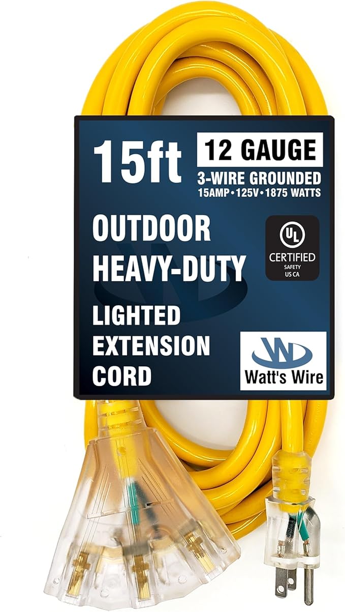 15 ft Outdoor Extension Cord Waterproof - 12 Gauge Heavy Duty Extension Cord Splitter - Lighted Outdoor Extension Cords with Multiple Outlets - Watts Wire - 15' Grounded - extensiones electricas