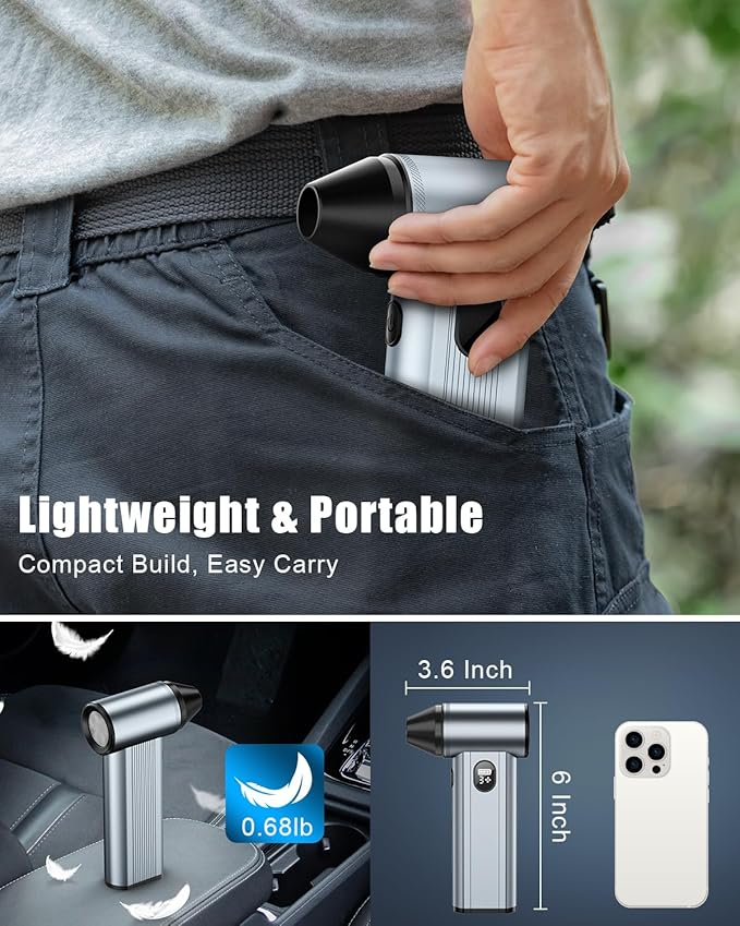 Compressed Air Duster with150,000RPM Brushless Motor, 8000mAh Battery, LED Light, 4-Gear Adjustable Electric Air Blower for Home, Car, Computer, Outdoor