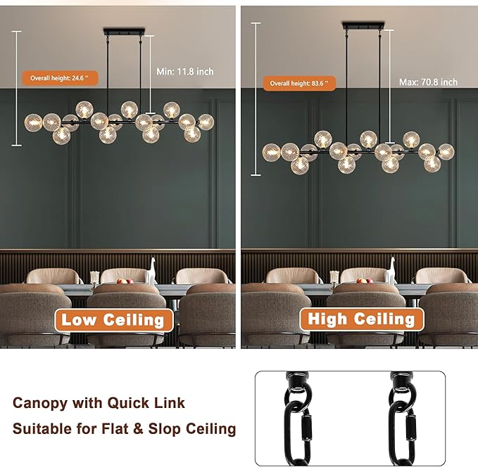 Large Chandeliers for Dining Room, 16-Light Modern Chandelier Sputnik Chandeliers Black Dining Room Light Fixture with Clear Globe Sputnik Ceiling Light Fixture Linear Chandelier over Kitchen Island