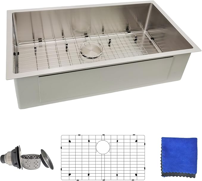 33 Inch Undermount Kitchen Sink – Delironexu 16 Gauge Stainless Steel Sink, Single Bowl Kitchen Sinks Undermount, 33x19 kitchen sink with Bottom Grid, Drain & Towel