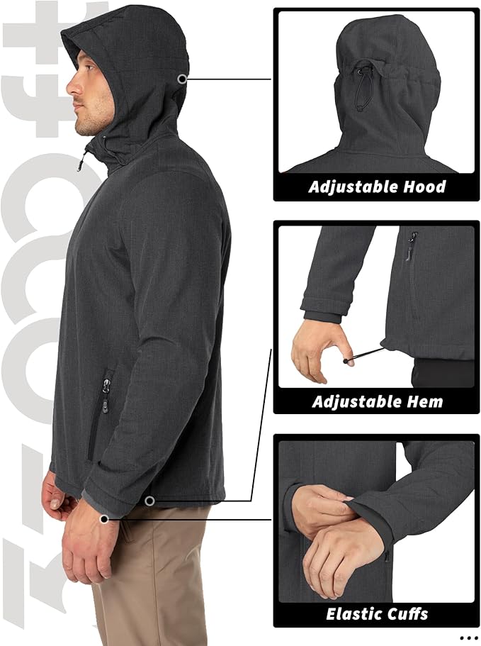 33,000ft Men's Hooded Softshell Jacket Waterproof Lightweight Insulated Windbreaker Fleece Lined Rain Shell Jacket