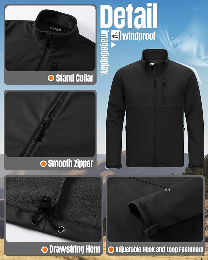 Outdoor Ventures Men's Softshell Jacket Waterproof Fleece Lined Rain Shell Jacket Lightweight Windbreaker for Hiking Travel
