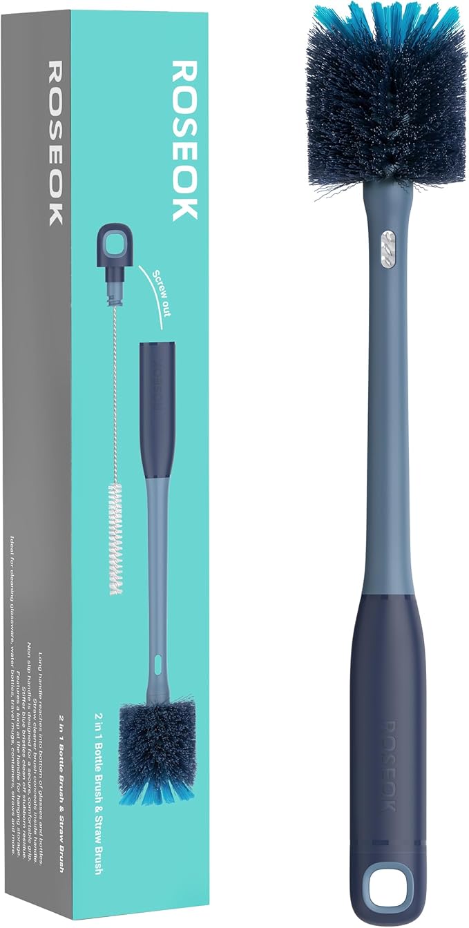 2in1 Bottle Scrubbing Brush with Straw Brush has Long and Comfortable Handle, Cleaning Glass, Sports Bottle, Coffee Mug,1 Pack, Grayish Blue