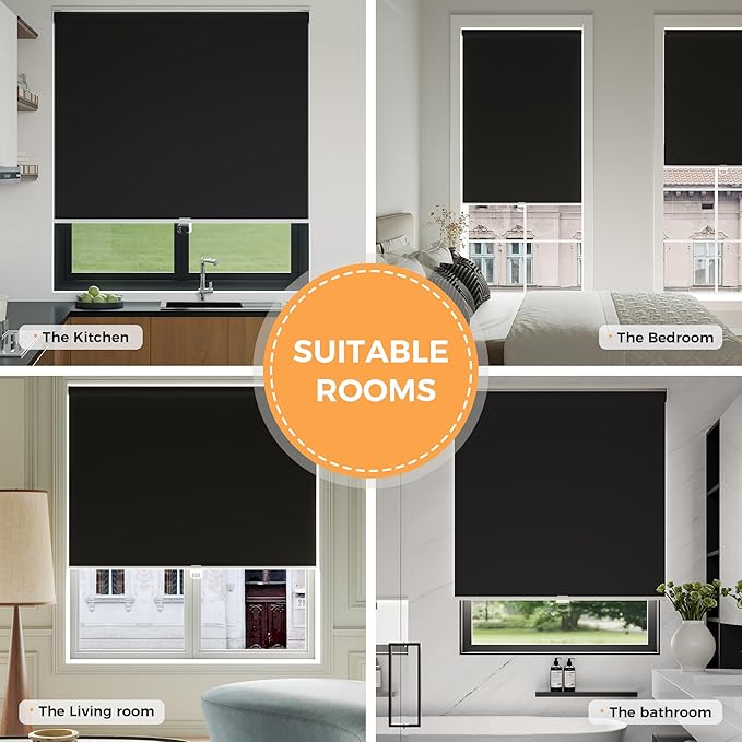 Cordless Roller Shades Blackout Blinds for Windows Room Darkening Rolled Up Shades with Spring System, UV Protection Window Shades Door Blinds for Home and Office (Black, 35" W x 72" H)