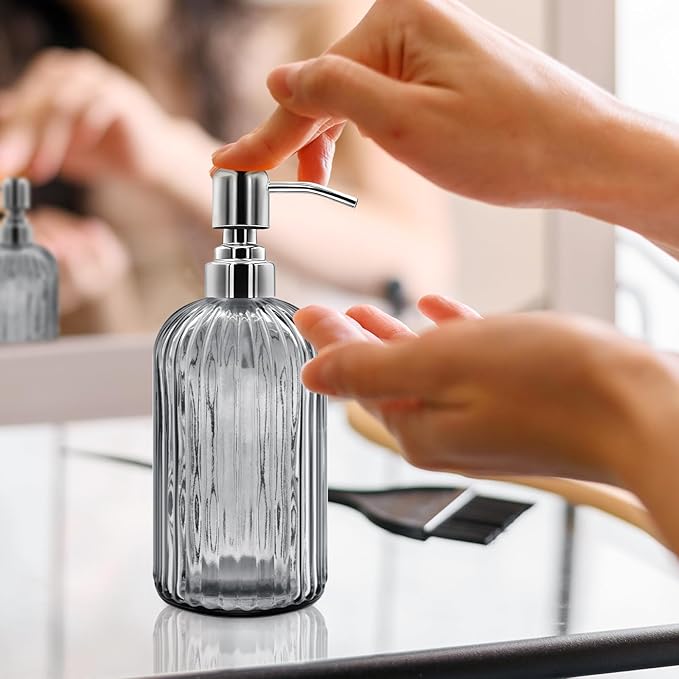 18 Oz Glass Soap Dispenser with Stainless Steel Pump, Modern Ribbed Design Refillable Liquid Soap Bottle for Bathroom, Kitchen, Hand Soap, Dish Soap, or Lotion (Grey)