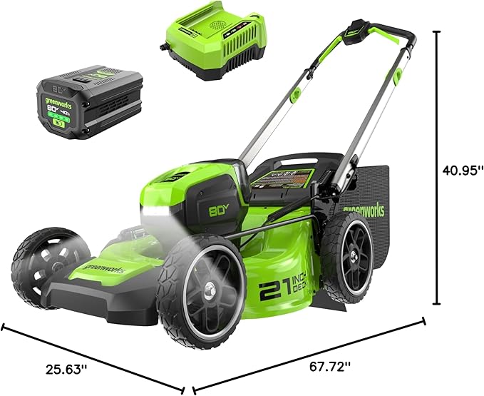 Greenworks 80V 21" Brushless Cordless (Push) Lawn Mower (LED Headlight + Aluminum Handles), 4.0Ah Battery and Rapid Charger Included (75+ Compatible Tools)