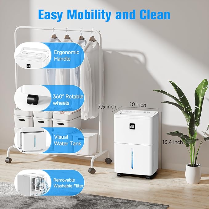 25 Pint Dehumidifier for Basement, Up to 3000 Sq.Ft, Quiet Dehumidifier with Drain Hose, Humidity Control, 24H Timer, Ideal for Bedroom, Bathroom, Room
