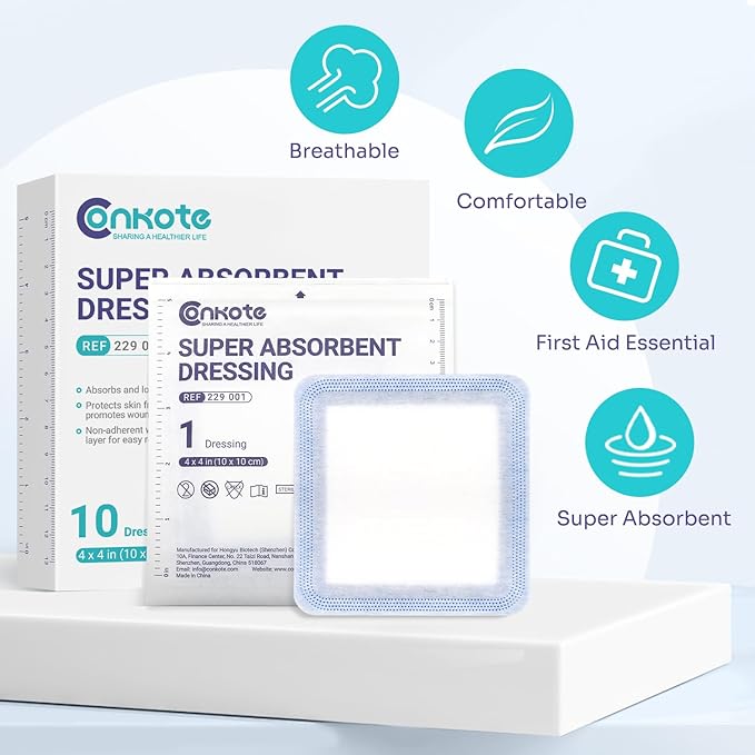 Conkote Super Absorbent Dressing Pads for Wound Care 10 Pack, FSA or HSA 4"x4" Sterile Non-Adhesive Absorbent Bandages, Wound Care Pads for High Exudating Wounds, Ulcer, Surgical, l - ll Degree Burns