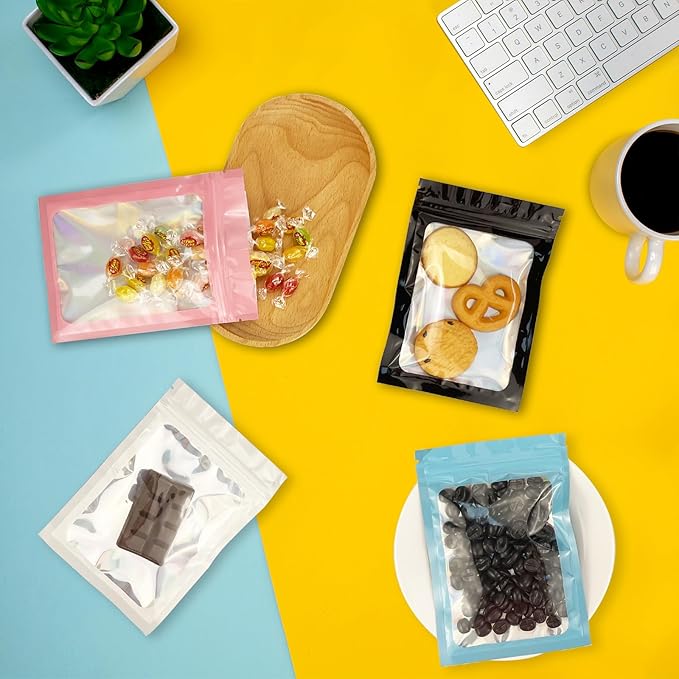 300 Pcs Holographic Mylar Bags, 3 Size Smell Proof Bags with Clear Window Foil Pouch Bags Resealable Bags for Small Business and Food Storage, Pink